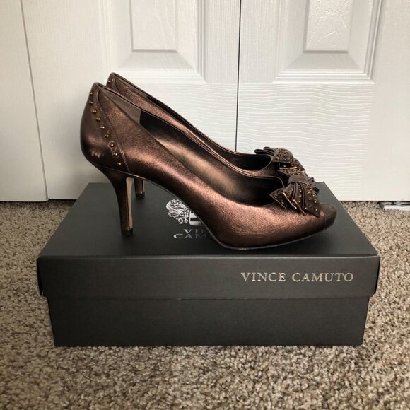 Vince Camuto KANARY Dark Bronze Slip-On Leather Open Toe Heels - Picture 1 of 9